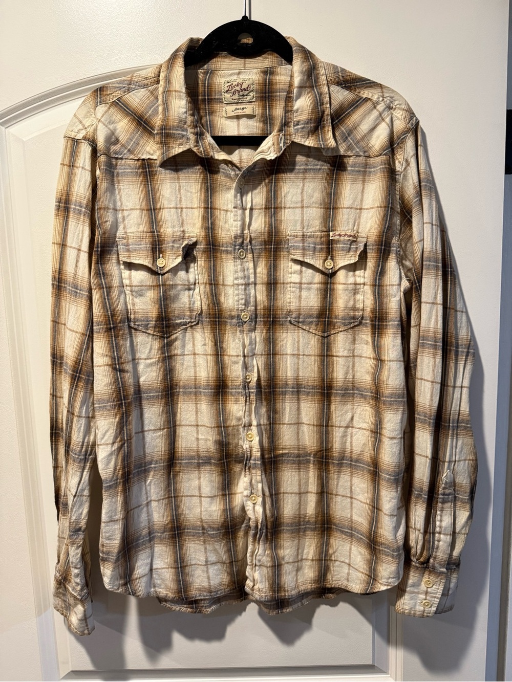 Men’s Lucky Light Brown & Cream Plaid Button-Up Shirt